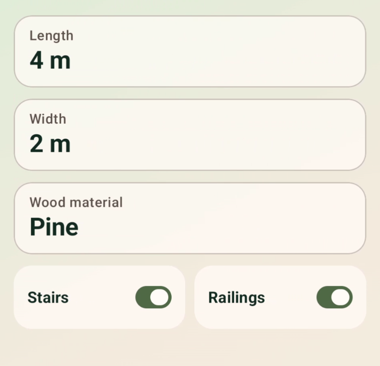 Builtwy-App-Bildschirm: Maße eingeben