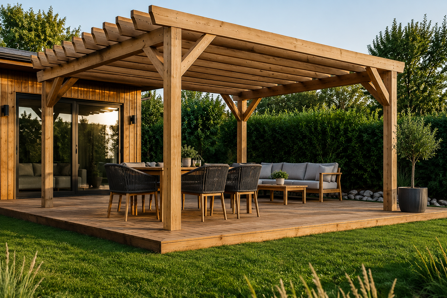 Terrasse et pergola en bois avec structure ventilée