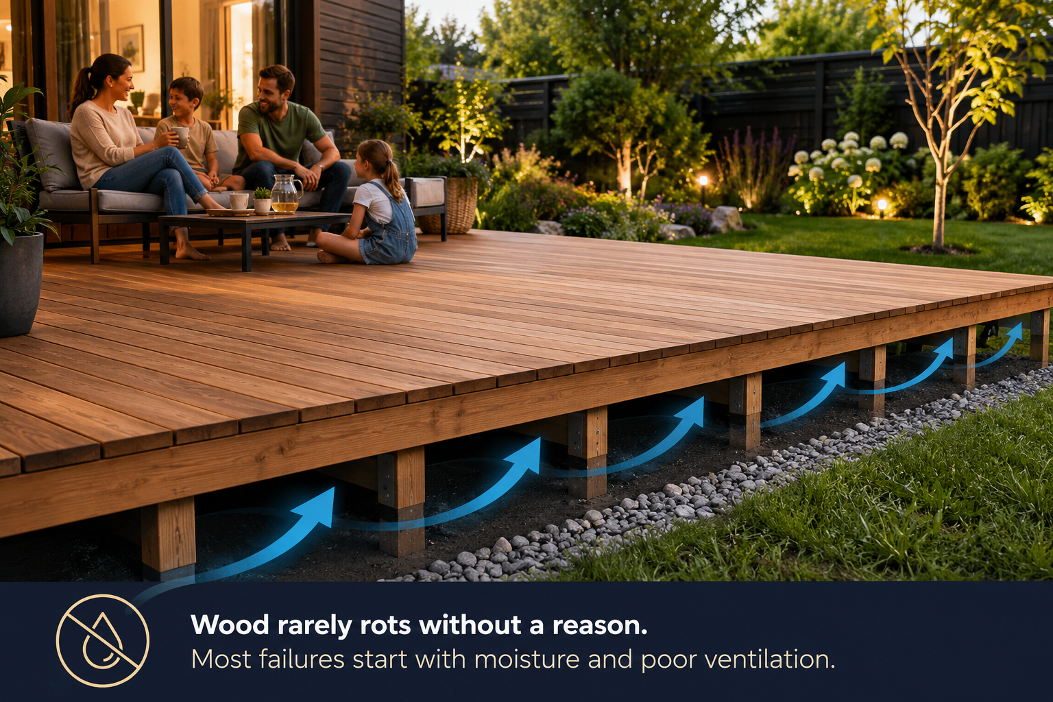 Terrasse en bois avec structure ouverte et ventilée au-dessus d'un sol sec