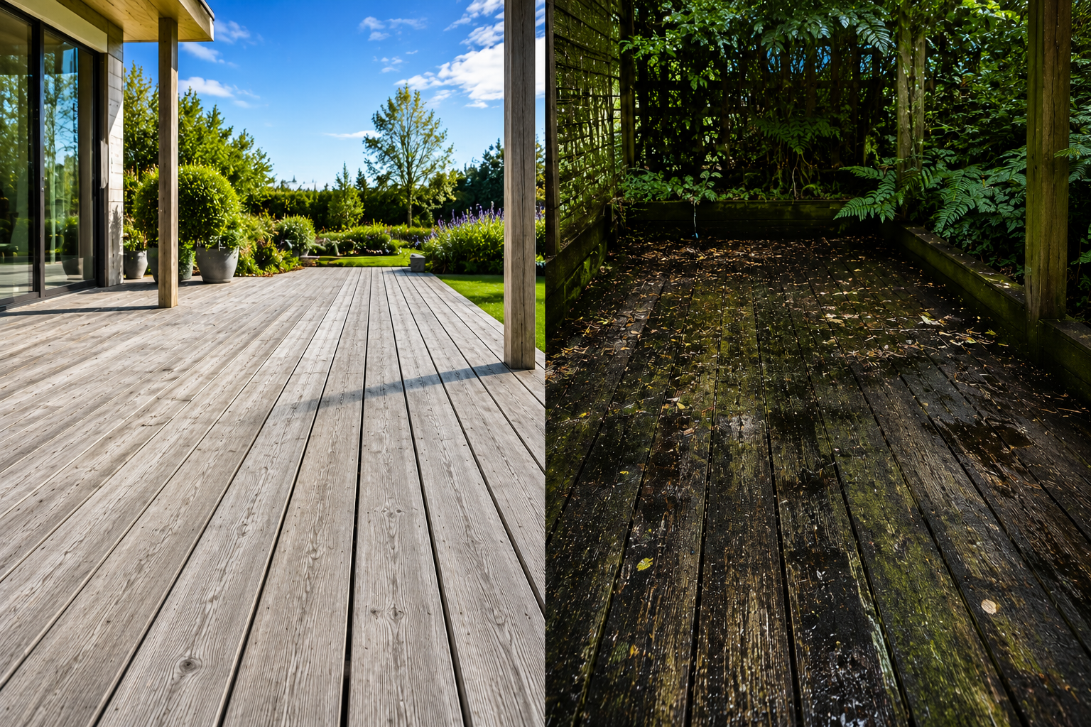 Terrasse en bois exposée au soleil et à la pluie