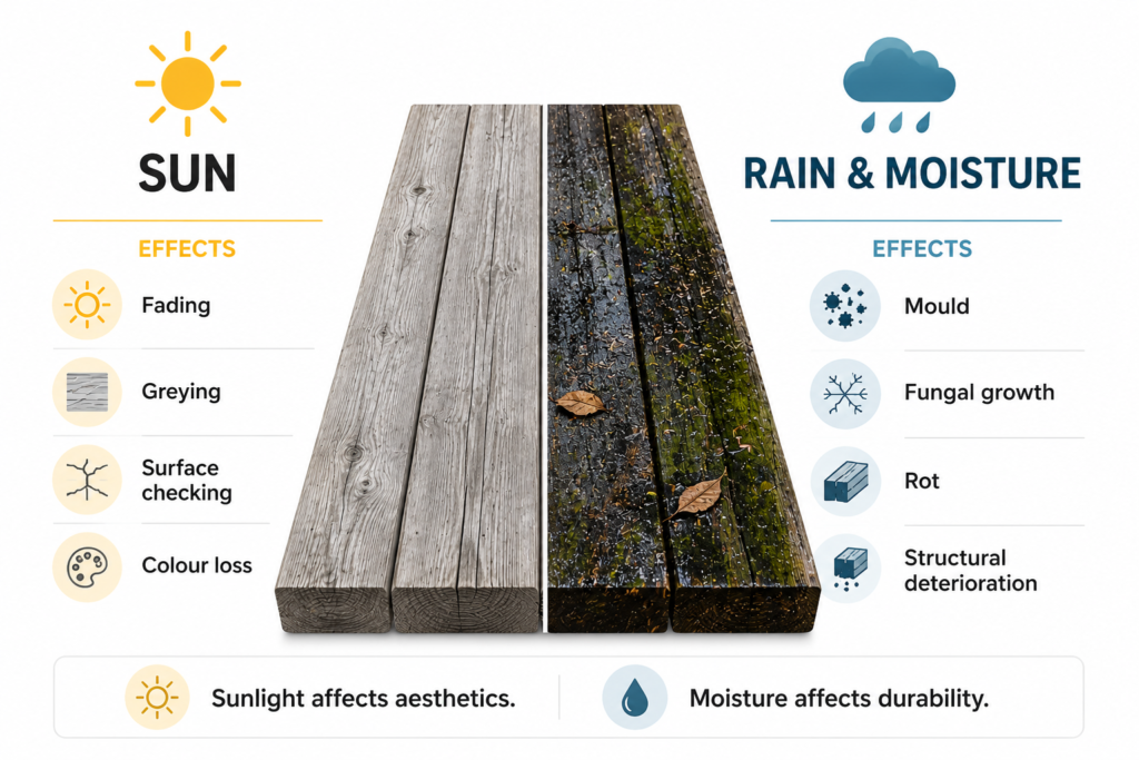 rain damage vs sun damage wood decking