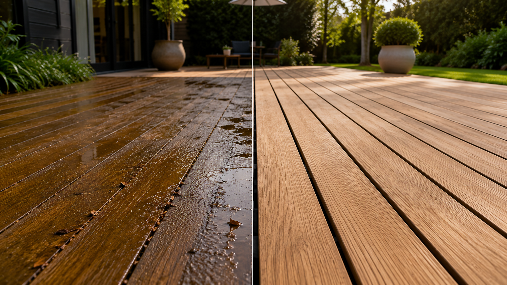 Lames de terrasse bois avec joints réguliers pour l'écoulement de l'eau et le mouvement saisonnier