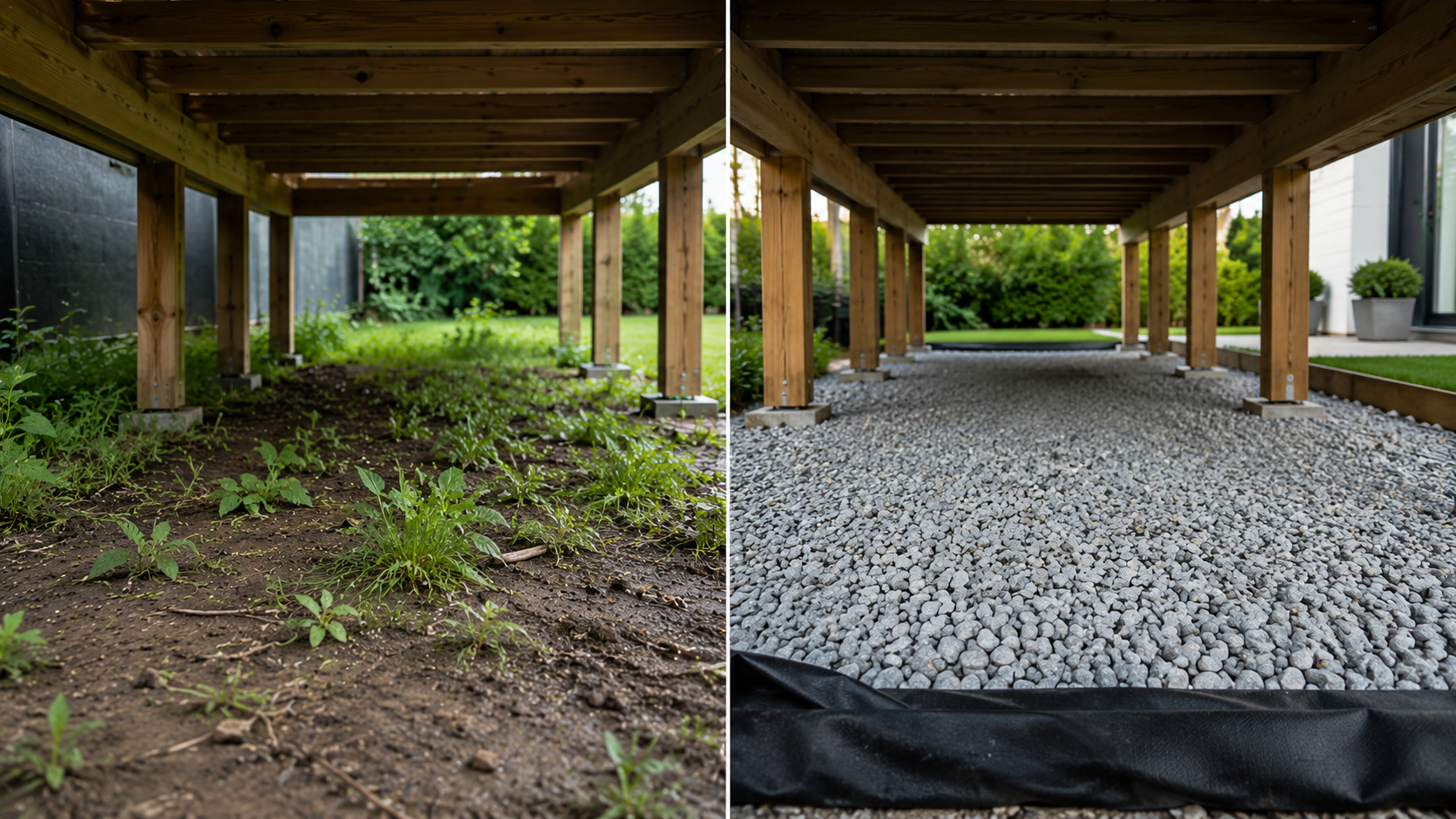 Gravier et géotextile utilisés sous une terrasse en bois