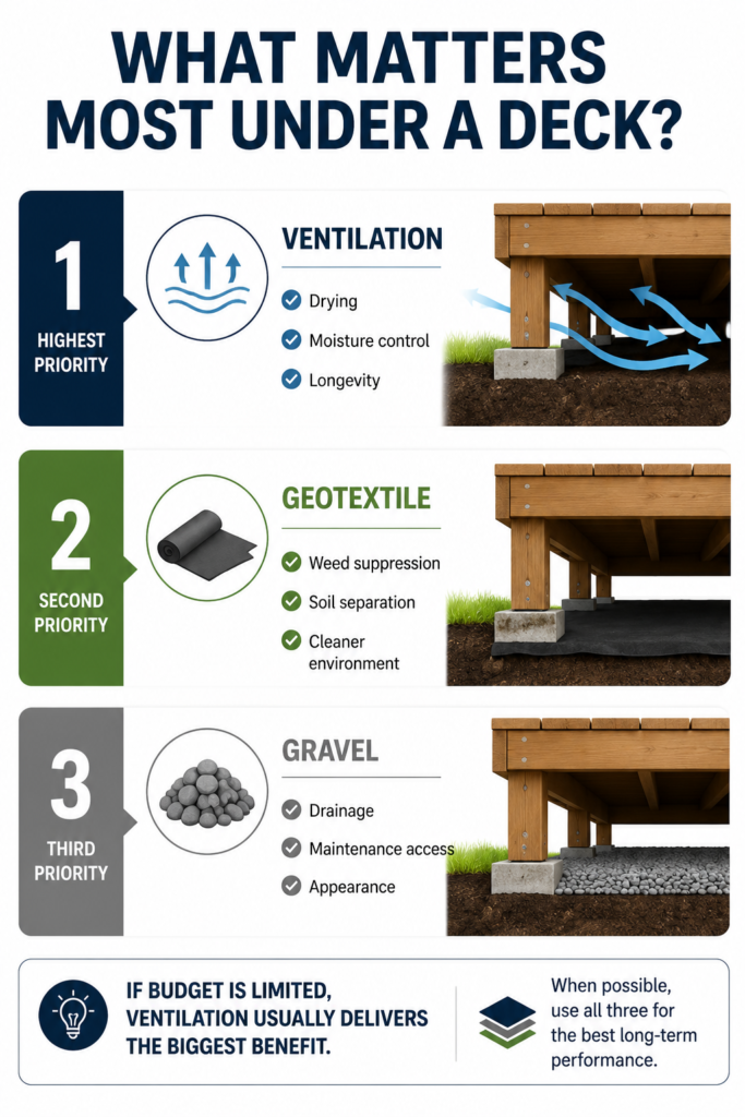 ventilation geotextile gravel priority under deck