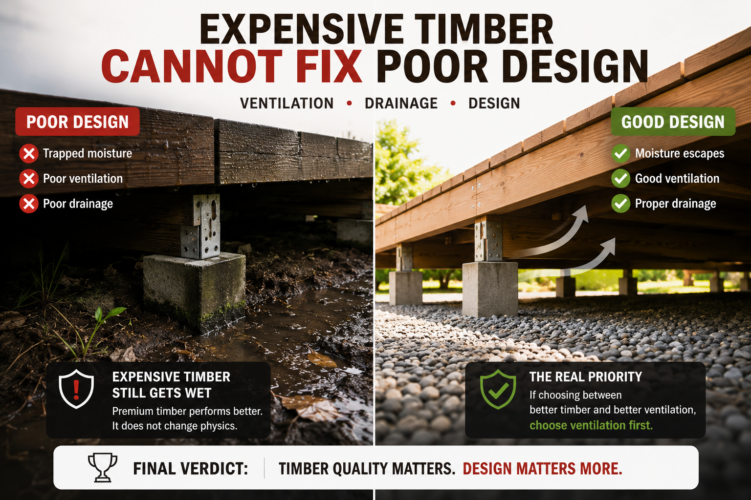 Terrasse en bois avec lames, joints de drainage et structure ouverte