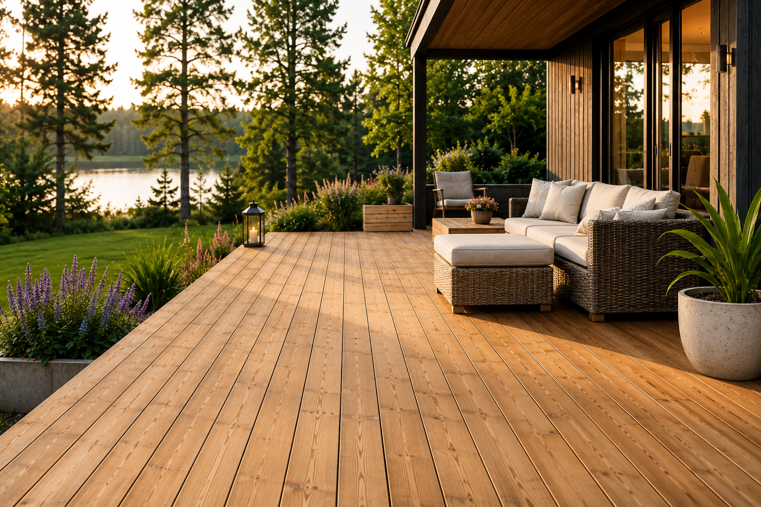 Terrasse en bois bien entretenue avec ossature ventilée