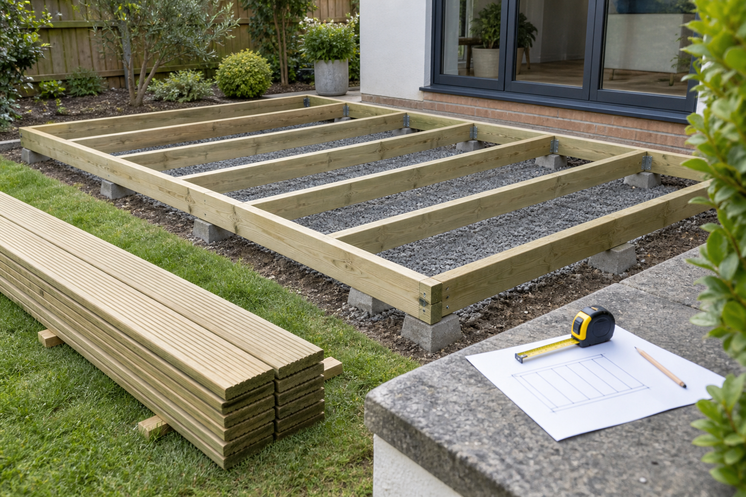 Structure de terrasse, lames empilées, mètre ruban et plan utilisés pour calculer les matériaux