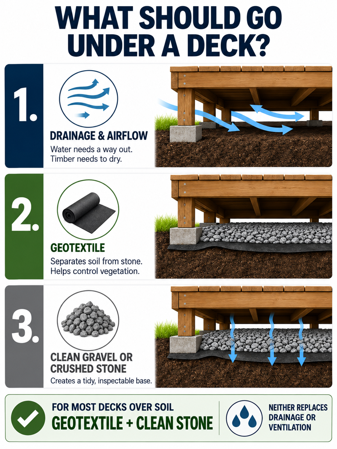 Infographic showing drainage and airflow, geotextile separating soil from stone, and clean gravel beneath a timber deck