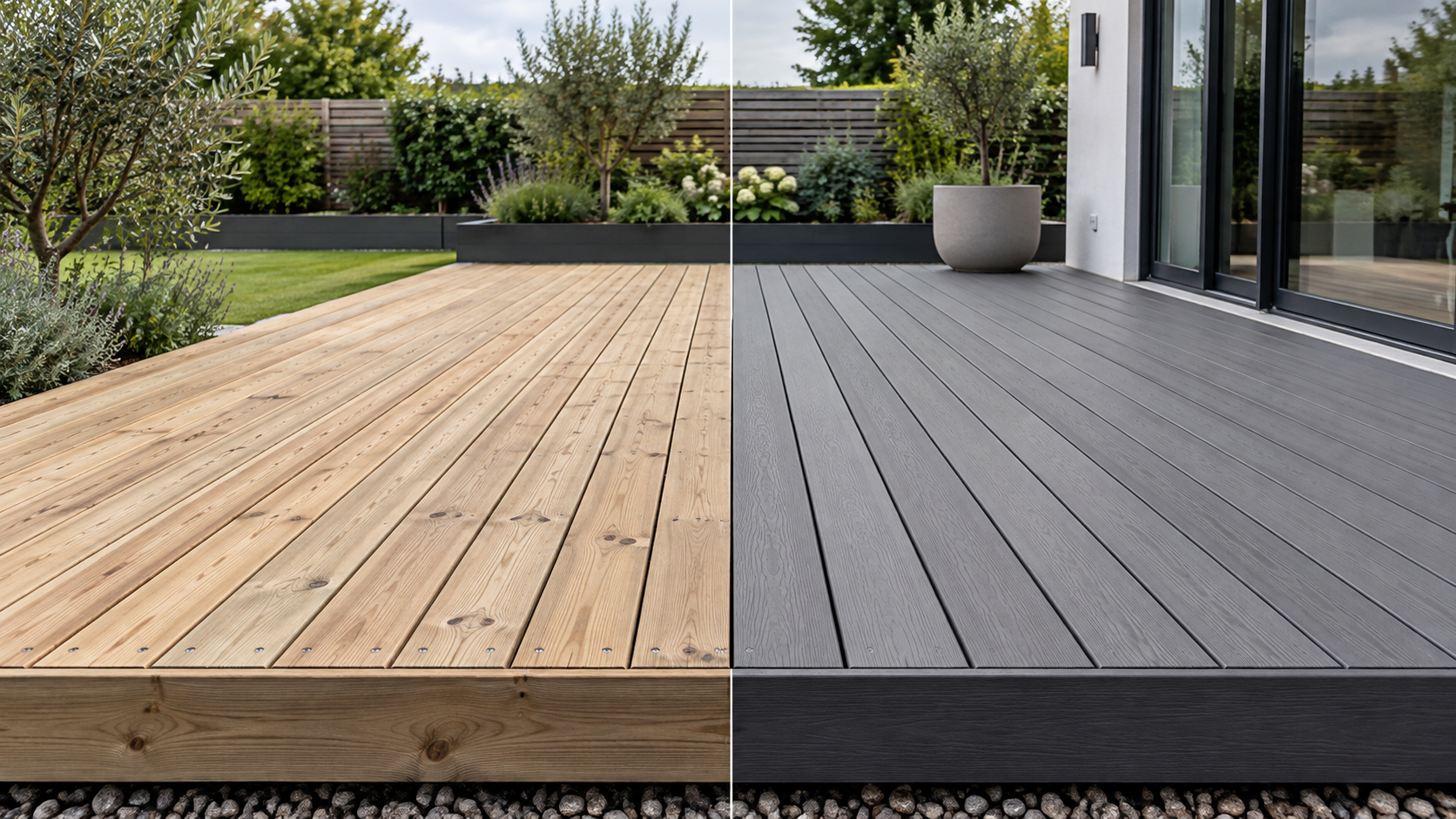 Comparaison d'une terrasse en bois naturel et d'une terrasse composite grise dans le même jardin