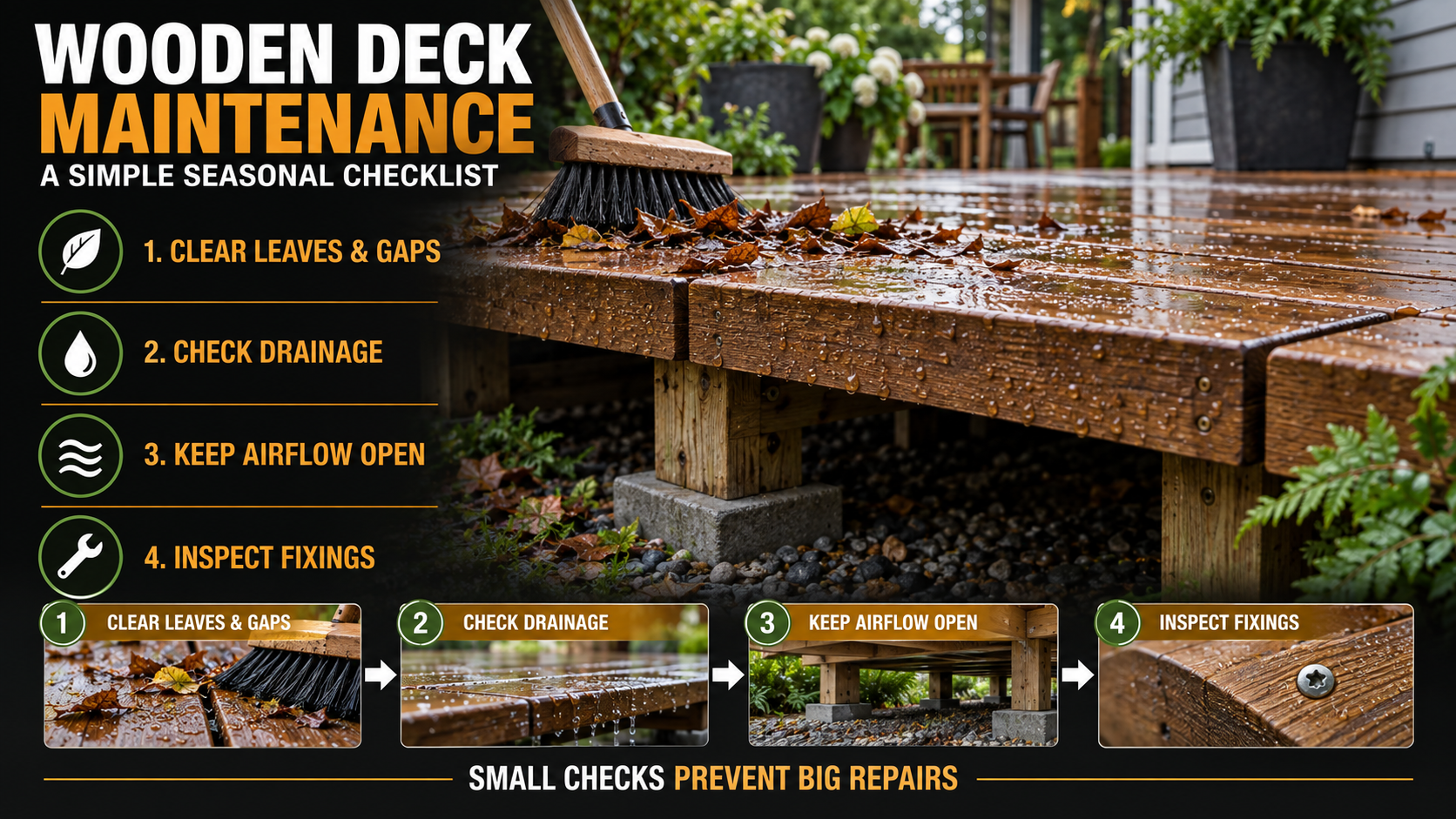 Check-list d'entretien d'une terrasse en bois montrant l'enlèvement des feuilles, le contrôle du drainage, la ventilation ouverte et l'inspection des fixations